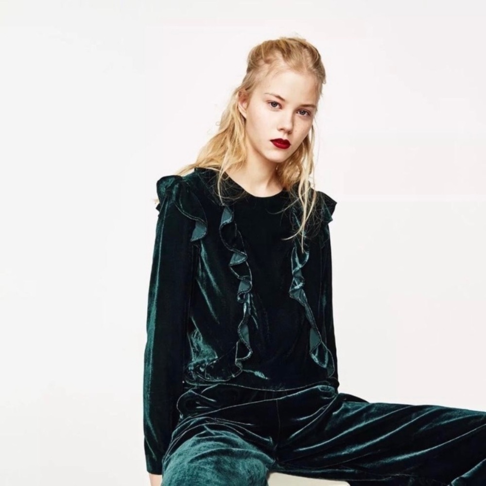Zara Green Velvet Ruffled Blouse NWT